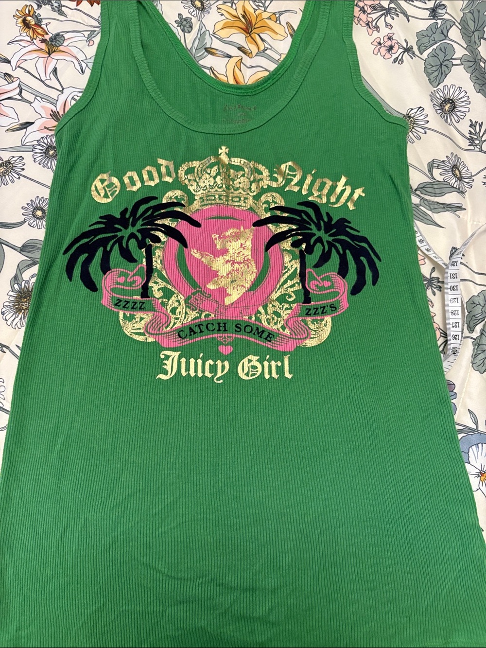 Juicy Couture Green Ribbed Tank with Pink & Gold Crest Vintage